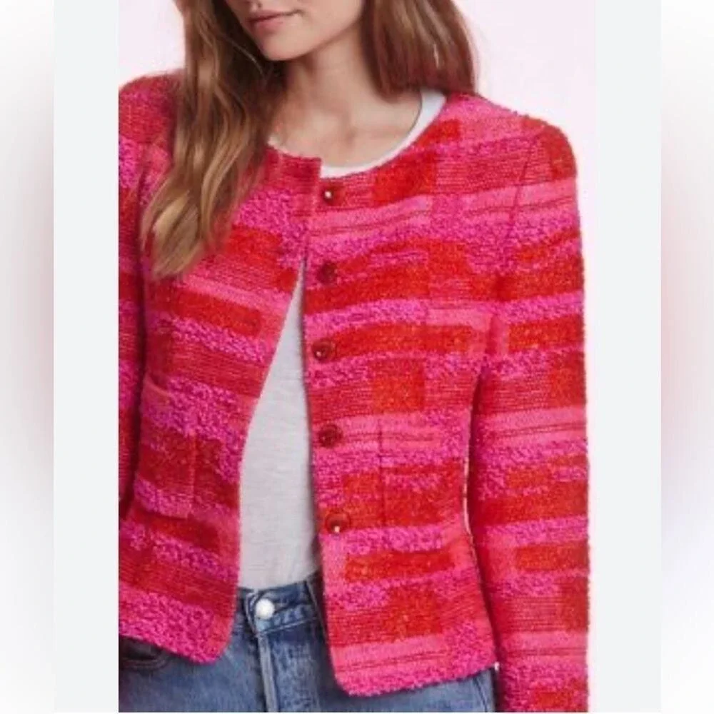CHANEL Hot Pink Orange Gold Metallic Thread tweed Cropped Jacket 2001 C Size 34